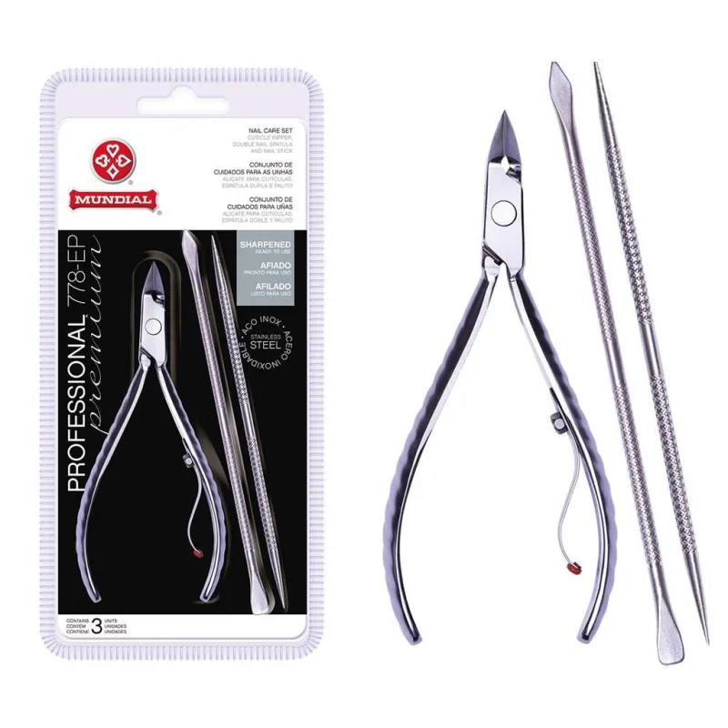Kit Alicate Mundial 778ep c/ Espátula e Palito de Unha inox Profissional