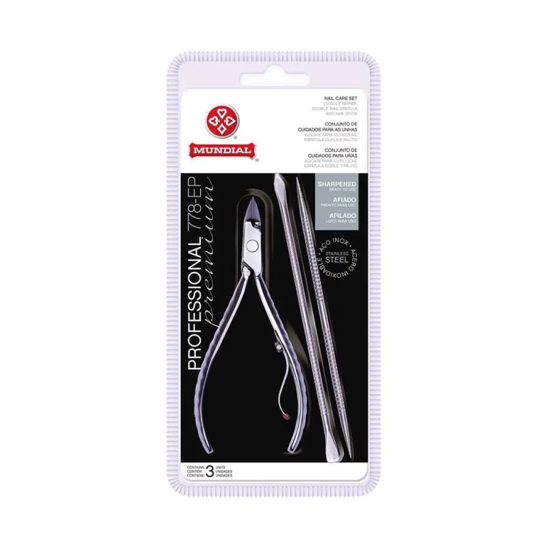 Kit Alicate Mundial 778ep c/ Espátula e Palito de Unha inox Profissional