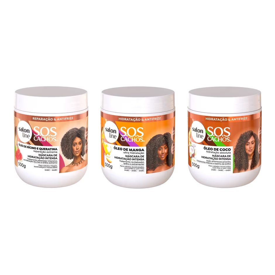 Cronograma capilar Nutrição + Hidratação + Reconstrução SOS Cachos Salon Line 500g cada